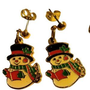 Vintage Snowman Post Earrings  Caroling Top hat Winter Vintage Enamel